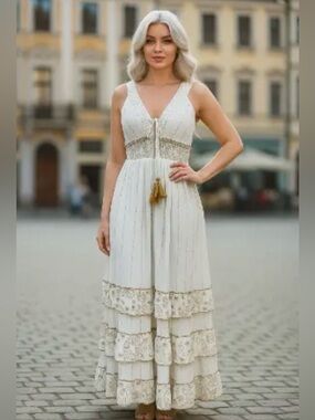 26401 Bohemian Lace Tiered Maxi Dress in Cream